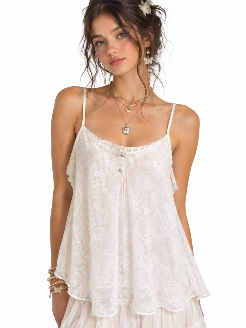 Vintage Delicates Sheer Ovelay on Cream Floral Lace Camisole
